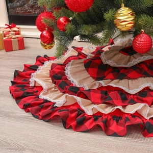 Linen and red buffalo plaid Christmas tree skirt with white lace ruffles and layers