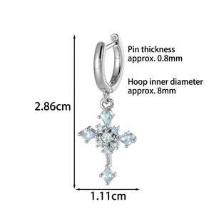 Silver cross drop earrings with blue zircon stones, inner diameter 8mm, post thickness 0.8mm