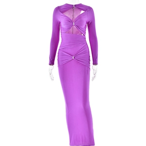 Detail of purple long sleeve dress featuring twist knot design and front cutout texture
