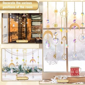 Crystal suncatcher window prism hanging decor set with gold moon sun and stars for room home.