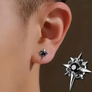 Hip-hop silver star stud earring with black rhinestone for men, gothic style jewelry