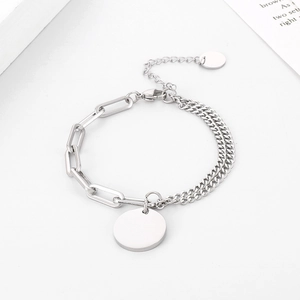 Bracelet en acier inoxydable argenté avec chaîne trombone, gourmette et pendentif rond