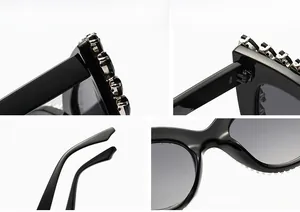 Detail shots of black cat-eye sunglasses featuring rhinestones and durable hinges