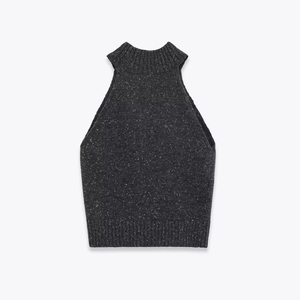 Top Halter In Maglia Collo Alto Senza Maniche Slim Fit Grigio Melange Canotta Corta Chic Minimalista Donna Estate