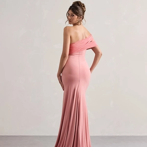 Elegant pink off-shoulder mermaid dress with mesh splicing and a high-slit floor-length design