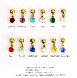 Detailed size chart of 12 birthstone pendants in 18K gold plated stainless steel