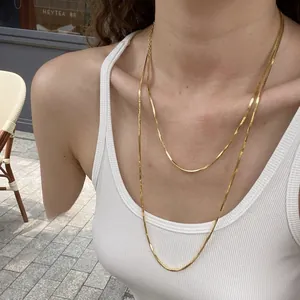 Double Layer Flat Snake Bone Chain Necklace Titanium Steel 18K Gold Plated Long Sweater Chain Minimalist Women Jewelry
