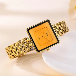 Elegant gold-tone square quartz watch with a yellow dial and sleek chain strap for women