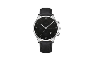 Close-up of Geneva men's watch with black Roman dial and calendar window detail