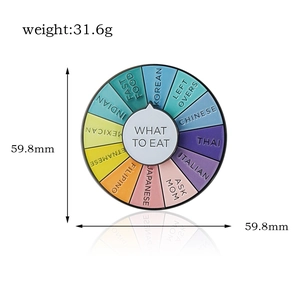 Decision maker enamel pin for meal choices with dimensions 59.8mm and 31.6g weight