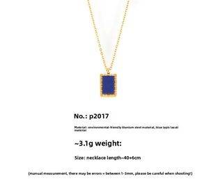 Detailed specs of 18K gold plated titanium necklace with square blue lapis lazuli pendant