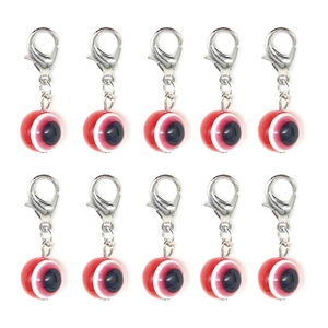 Detailed view of ten red evil eye resin charms with silver-tone lobster clasps for DIY jewelry