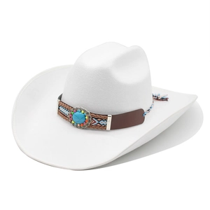 White wool felt cowboy hat with 9.5cm brim, ethnic band and turquoise turquoise buckle