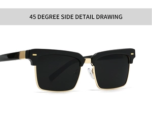 Detailed 45-degree side view of black and gold square sunglasses with metal hinges