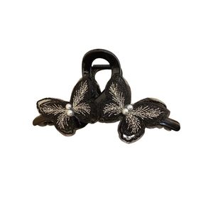 Elegant black lace butterfly hair claw clip with faux pearls and intricate embroidery