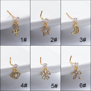 L Form Nasenstecker Edelstahl Stab Mit Kupfer Zirkonia Blume Mond Stern Anhänger Piercing Schmuck Für Damen