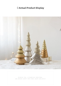 Close-up of four Morandi gray-green mini Christmas tree ornaments with glitter finish