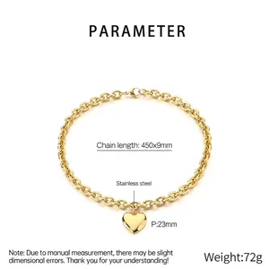 Spécifications techniques du collier en acier doré avec pendentif cœur et fermoir OT