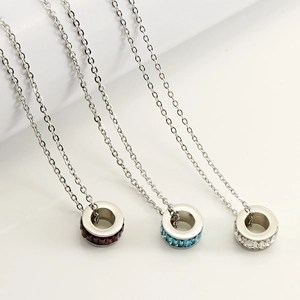 Minimalist stainless steel necklaces with red, blue, and white crystal ring pendants