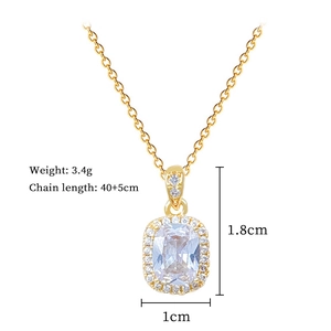 Gold titanium necklace with square zircon pendant showing size 1.8cm and 3.4g weight