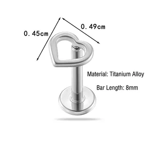 Titanium hollow heart flat back labret stud with 8mm post and 0.45cm heart top