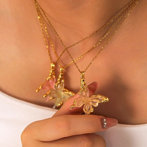 Luxury 18K gold plated butterfly pendant necklace for women in pink green and yellow