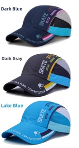 Three quick-dry baseball caps in navy, grey and blue with breathable mesh panels