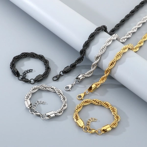 10mm stainless steel twist chain necklace and bracelet set in gold, silver, and black