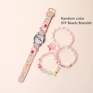 Coffret montre licorne pour enfants avec trois bracelets de perles DIY rose et blanc