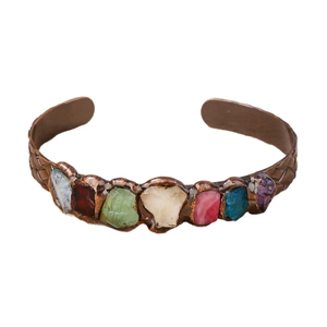 Vintage copper open bangle with seven colorful raw crystals and handmade solder texture