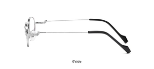 Side view of minimalist silver metal round glasses frame with black ear tips detail