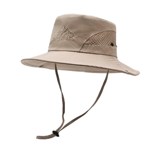 Men's khaki outdoor sun hat with breathable mesh, Traveler embroidery, and chin strap