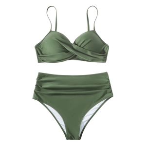 Detailed view of olive green two-piece bikini with wrap top and high waisted ruched bottoms