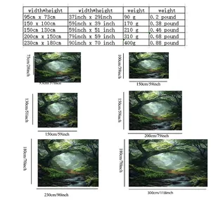 Size chart for forest landscape wall tapestry showing dimensions from 95cm to 230cm wide