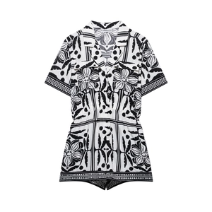 Women Romper Black And White Print Short Sleeve Button Front Elastic Waist Casual Summer Playsuit Fashion Elegant
