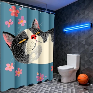 Detail of waterproof 3D shower curtain featuring lazy black and white cat print