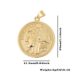 Detailed size specifications for a gold-plated French coin pendant necklace with dimensions
