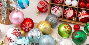 Detail of assorted Christmas balls with matte and glitter finish in festive gift box