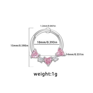 Silver septum ring with pink heart stones detail showing 10mm inner diameter and 1.2mm gauge