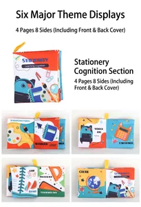 Detail view of baby cloth book interior showing colorful stationery items and words