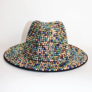 Rainbow rhinestone wide brim sun hat for women featuring sparkling colorful crystals