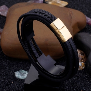 Multi-layer woven leather bracelet for men with golden stainless steel magnetic clasp
