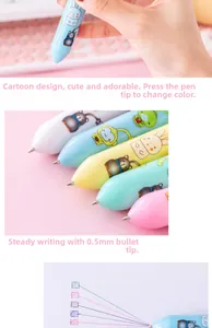Detail of 0.5mm multi-color ballpoint pen tip and various ink writing colors