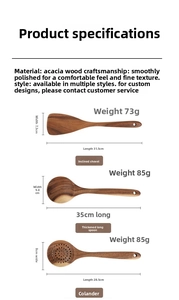 Acacia wood kitchen utensils set with weight and size specifications for spatula and spoons