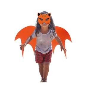 Detail of orange felt bat wings and mask set for kids Halloween cosplay costume