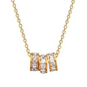 Titanium steel three-ring diamond necklace with gold plating and sparkling crystal accents