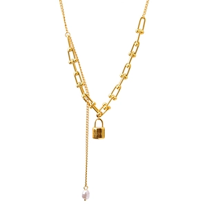 Gold U-link chain necklace featuring a LOVE padlock charm and a hanging drop pearl