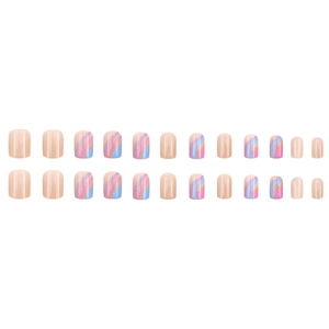 Short round press-on nails featuring minimalist pastel wave patterns and solid pink tones