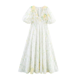 Women Floral Eyelet Maxi Dress V-Neck Puff Sleeve High Waist Sweet Elegant Short Sleeve White Summer Long Dress