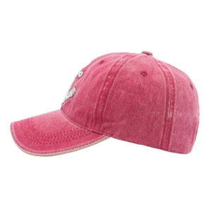 Side view of washed pink denim baseball cap with white embroidery and stitched eyelets